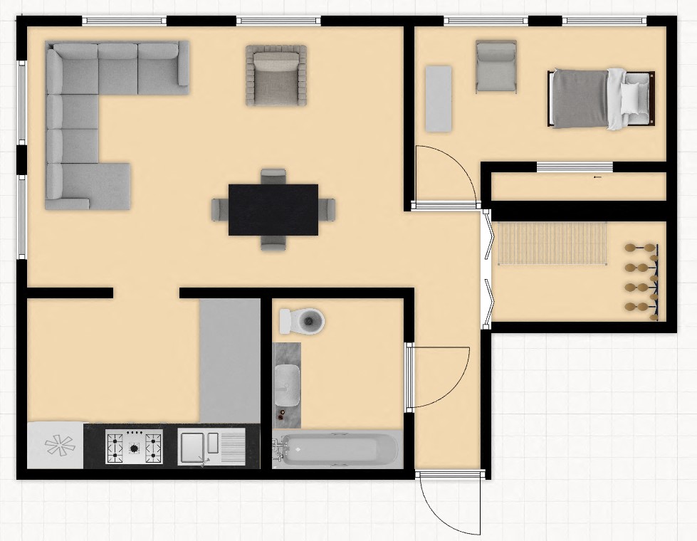 Floor plan for 1 bed, 1 bath, 575 sqft